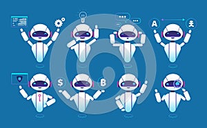 Chatbot character. Cute robot online chat robot in different poses. Chatterbot vector isolated set