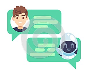 Chatbot character. Online helper chatting with man, virtual robot answers questions by customer, device screenshot with