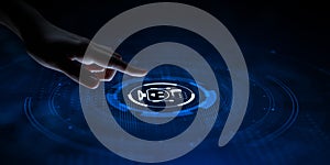 Chatbot chat bot customer service automation. Hand pressing button on virtual screen.