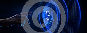 Chatbot chat bot customer service automation. Hand pressing button on virtual screen