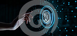 Chatbot chat bot customer service automation. Hand pressing button on virtual screen.