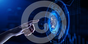 Chatbot chat bot customer service automation. Hand pressing button on virtual screen.