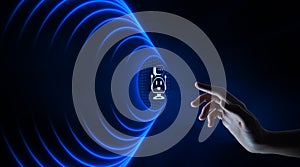 Chatbot chat bot customer service automation. Hand pressing button on virtual screen