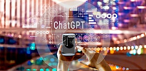 Chatbot ChatGPT - Aartificial Iintelligence theme with big city at night