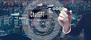 Chatbot ChatGPT - Aartificial Iintelligence theme with businessman in city at night