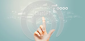 Chatbot ChatGPT - Aartificial Iintelligence theme with hand pressing a button