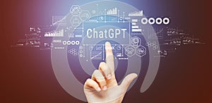 Chatbot ChatGPT - Aartificial Iintelligence theme with hand pressing a button