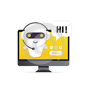 Chatbot in computer illustration. Online assistant bot landing page template. Dialog, message. Technical support. For web page.