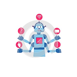 Chatbot concept. Bot answers questions from several users at the same time. Vector illustration in flat style