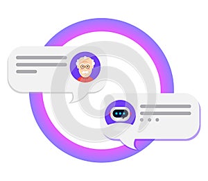 Chatbot concept. Bot chatting with man . Online conversation with texting message. Vector illustration in flat design style