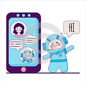 Chatbot concept. People chatting with chat bot on smartphone. Flat line design style modern vector minimalistic.