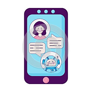 Chatbot concept. People chatting with chat bot on smartphone. Flat line design style modern vector minimalistic.