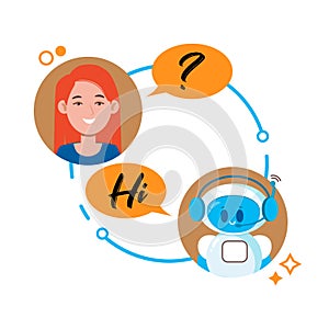 Chatbot concept. Woman chatting with cute robot chat bot. Vector flat cartoon character illustration for site, banners