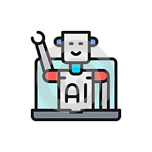 Chatbot, customer service robot, artificial intelligence flat color line icon.