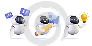 Chatbot 3D set. Online communication with artificial intelligence chat bot. Virtual dialog with ai assistant. Robot