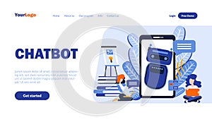 Chatbot flat landing page template with header. Online support, dialog help service web banner, homepage design. Robot assistant