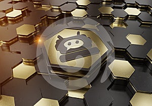Chatbot icon concept engraved on gold hexagonal pedestral background. Chat bot assistance logo glowing on abstract digital surface