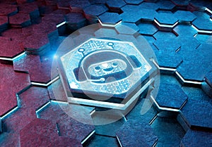 Chatbot icon concept engraved on metal hexagonal pedestral background. Chat bot assistance logo glowing on abstract digital