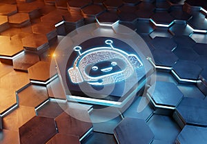 Chatbot icon concept engraved on metal hexagonal pedestral background. Chat bot assistance logo glowing on abstract digital