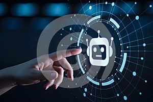 Hand interacts with chatbot interface on a digital screen showcasing artificial intelligence technology