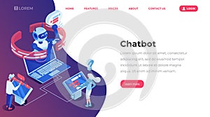 Chatbot isometric landing template page. Online customer support robot, help service, people chatting with bot app photo