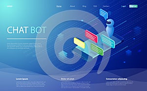 Chatbot isometric vector illustration. Chat bot and future marketing. AI and business IOT concept. Chat bot receiving