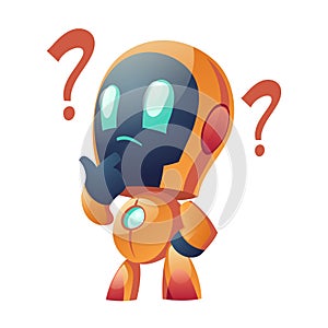 Chatbot with question marks, thoughtful robot faq