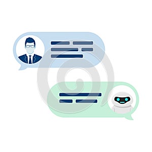 Chatbot robot concept. Dialog help service. User ask question and bot give answer. Vector illustration isolated on white