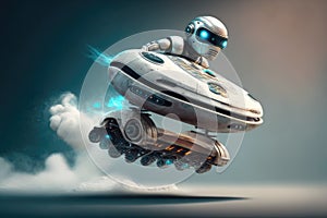 chatbot robot on a futuristic hoverboard, flying in the air