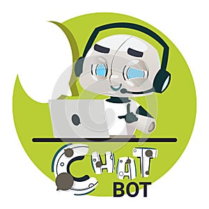 Chatbot Robot Icon Chatter Bot Answer Users Questions Using Laptop Computer Virtual Assistance Concept photo