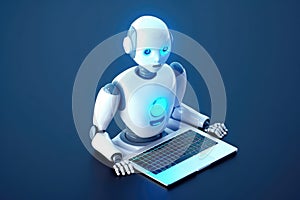Chatbot robot sitting with laptop computer over dark blue background. Generative AI
