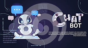 Chatbot Technology, Robotic Chatter Using Digital Tablet Virtual Assistance And Web Support Concept Template Banner With