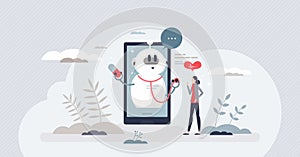 Chatbots in healthcare with health support and assistance tiny person concept