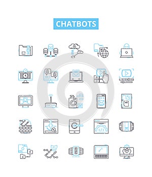 Chatbots vector line icons set. Chatbots, AI, Automation, Dialogue, Conversational, Virtual, NLP illustration outline