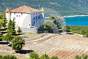 chateau in Aiguines and St Croix Lake at background, Var Departm