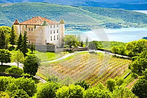 chateau in Aiguines and St Croix Lake at background, Var Departm