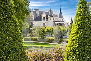 Chateau Amboise framed by trees of beautiful renaissance garden. Loire Valley, France