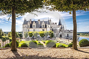 Chateau Amboise framed by trees of beautiful renaissance garden. Loire Valley, France photo