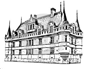 Chateau of Azay le Rideau, Indre et Loire, Loire Valley, France.  Pencil drawing style.