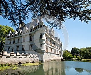 Chateau Azay Le Rideau in the Loire Valley, built on an island in the Indre river. Photographed on a clear day.