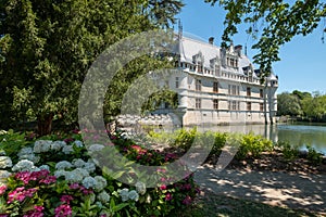 Chateau Azay Le Rideau in the Loire Valley, built on an island in the Indre river. Photographed on a clear day.