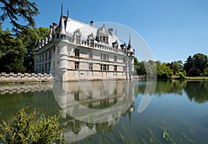 Chateau Azay Le Rideau in the Loire Valley, built on an island in the Indre river. Photographed on a clear day.