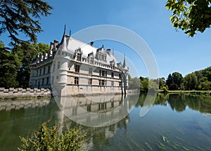 Chateau Azay Le Rideau in the Loire Valley, built on an island in the Indre river. Photographed on a clear day.