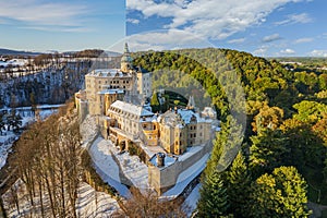 Chateau and Castle Frydlant from above. Winter and autumn version mix