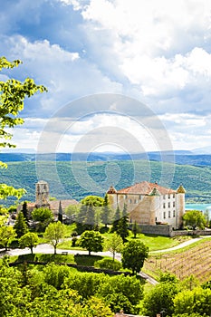 chateau and church in Aiguines, Var Department, Provence, France