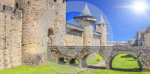 Chateau Comtal of Carcassonne fortress, France with soft sunlight