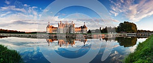 Chateau de Chambord, the largest castle and reflection in the Loire Valley. A UNESCO world heritage site in France.