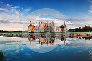 Chateau de Chambord, the largest castle and reflection in the Loire Valley. A UNESCO world heritage site in France.