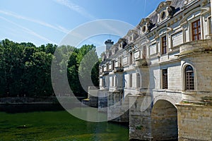 Chateau de Chenonceau castle spanning the river Cher, in France.