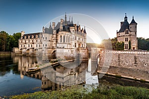 The Chateau de Chenonceau castle at sunset, France